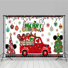 Lofaris Merry Christmas Red Truck Backdrop with Mouse Ears Plaid Accents and Lights Cartoon Holiday Party Decor