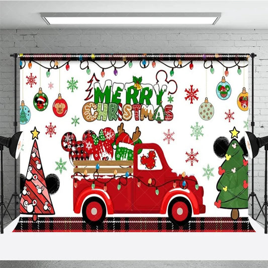 Lofaris Merry Christmas Red Truck Backdrop with Mouse Ears Plaid Accents and Lights Cartoon Holiday Party Decor