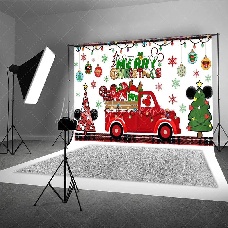 Lofaris Merry Christmas Red Truck Backdrop with Mouse Ears Plaid Accents and Lights Cartoon Holiday Party Decor