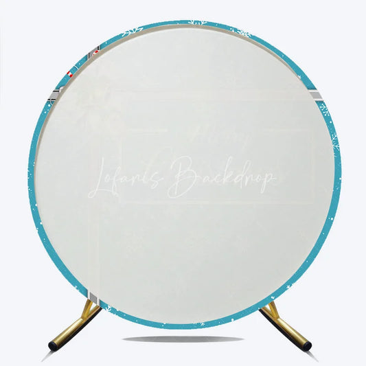 Lofaris Merry Christmas Round Backdrop Blue Snowflake Gift Box Silver Ribbon Jingle Bells Holiday Party Decor