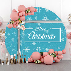 Lofaris Merry Christmas Round Backdrop Blue Snowflake Gift Box Silver Ribbon Jingle Bells Holiday Party Decor