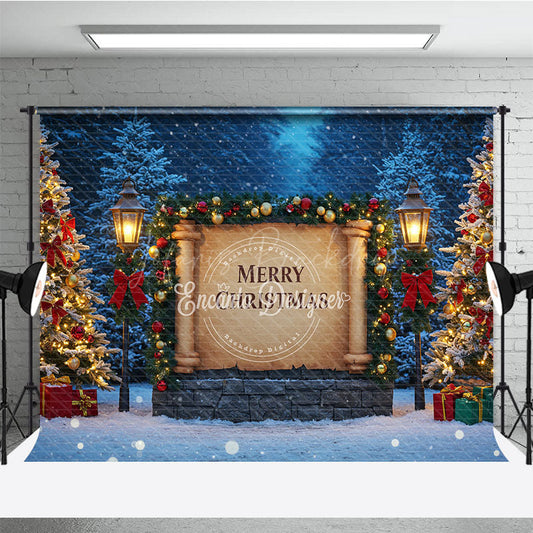 Lofaris Merry Christmas Scroll Photography Backdrop Snowy Night Scene with Lanterns Holiday Mini Session Background