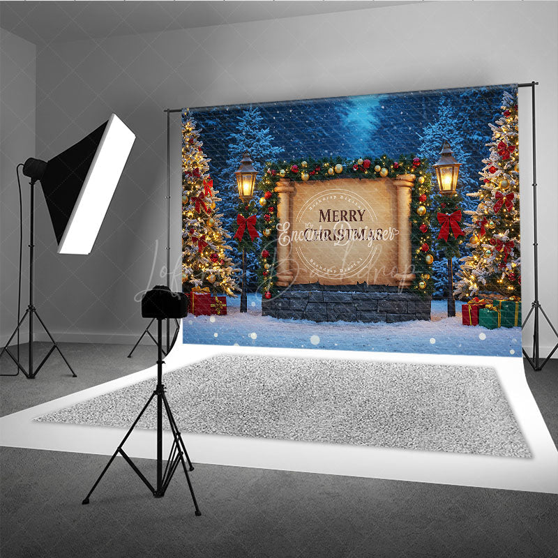 Lofaris Merry Christmas Scroll Photography Backdrop Snowy Night Scene with Lanterns Holiday Mini Session Background