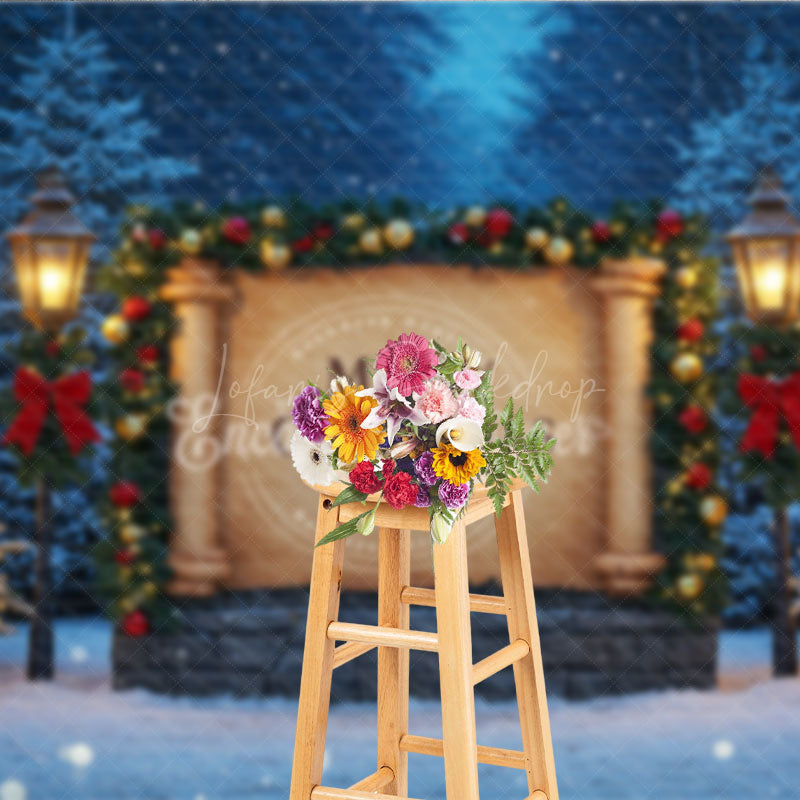 Lofaris Merry Christmas Scroll Photography Backdrop Snowy Night Scene with Lanterns Holiday Mini Session Background