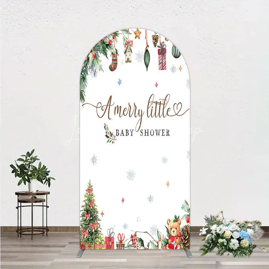 Lofaris Merry Little Baby Shower Arch Backdrop Christmas Tree Bear Party Decoration Winter Holiday Ornament Background