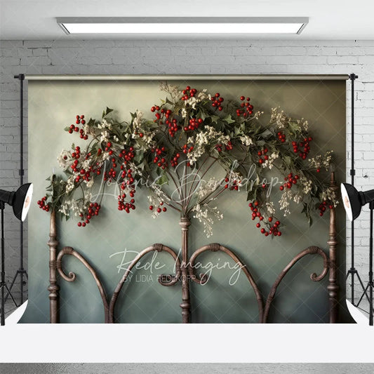 Lofaris Metal Headboard Christmas Backdrop Red Berry Garland Rustic Bed Background Vintage Bedroom Holiday Party Decoration