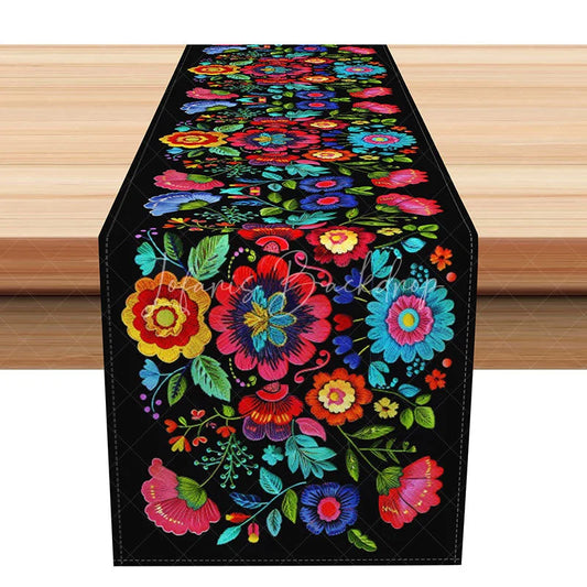 Lofaris Mexican Embroidery Floral Table Runner on Black Colorful Fiesta Otomi Style Cinco de Mayo Party Decor