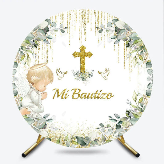 Lofaris Mi Bautizo Round Backdrop Gold Cross Angel Boy Greenery Baptism Decor