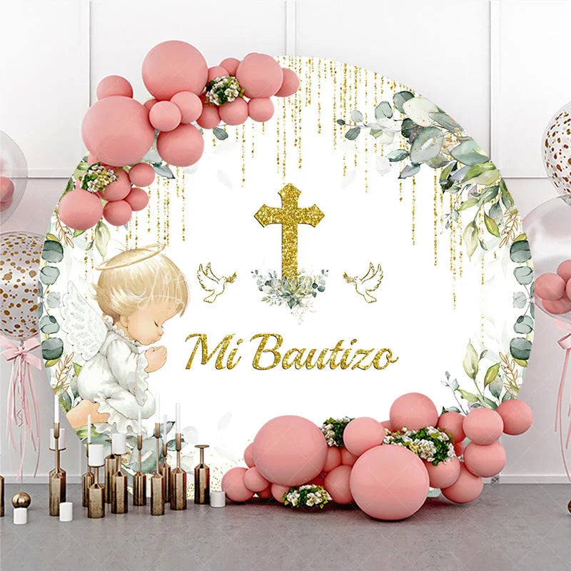 Lofaris Mi Bautizo Round Backdrop Gold Cross Angel Boy Greenery Baptism Decor