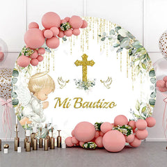 Lofaris Mi Bautizo Round Backdrop Gold Cross Angel Boy Greenery Baptism Decor