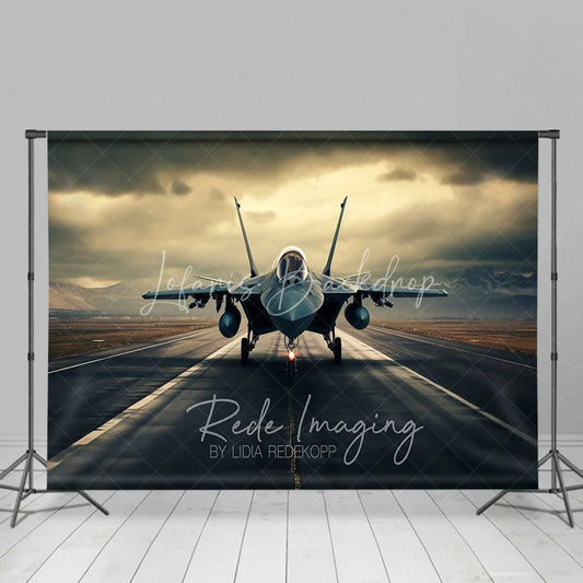 Lofaris Military Aviation Jet Backdrop Cloudy Mountain Runway Photography Background for Boy Birthday Party Decor