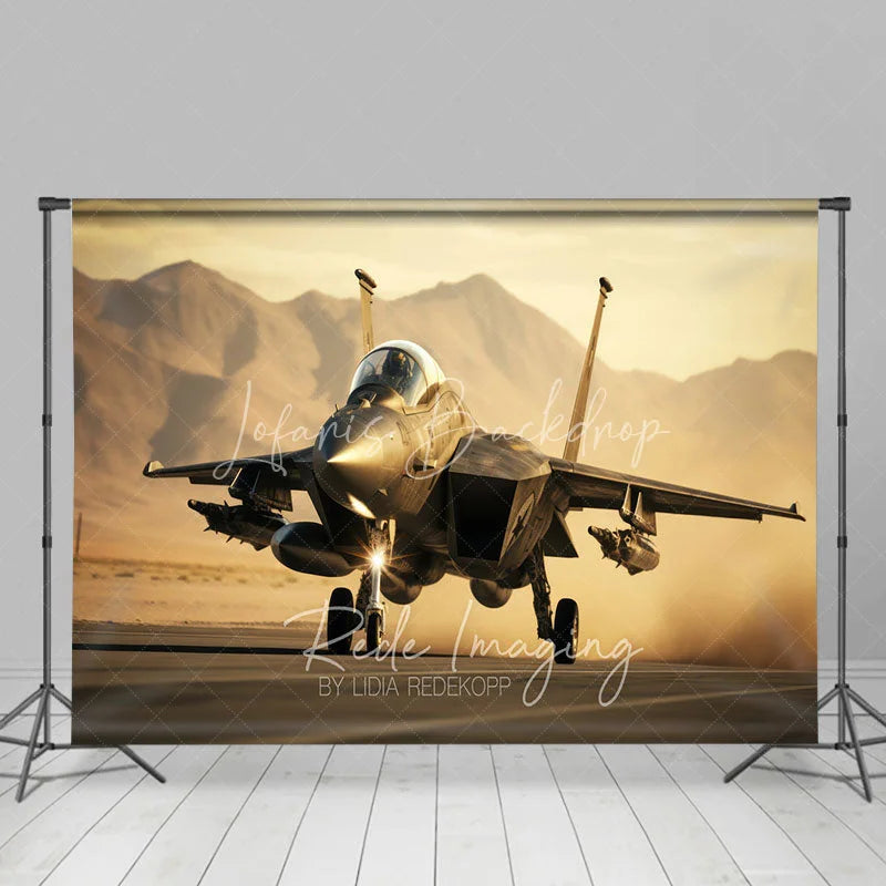 Lofaris Military Fighter Jet on Runway Backdrop Desert Mountain Sunset Aviation Background for Boy Room