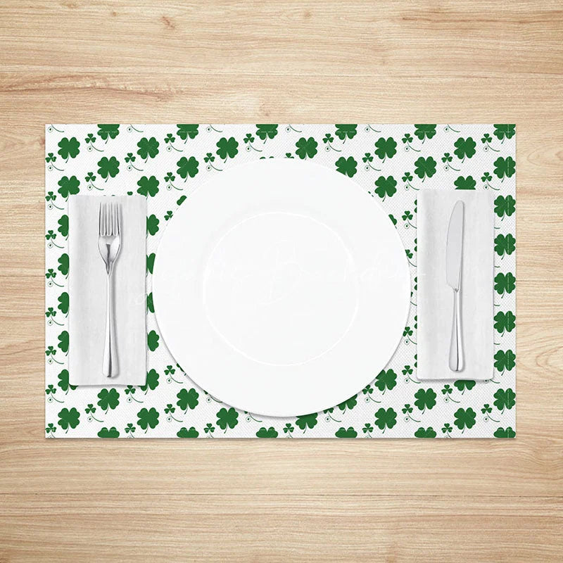 Lofaris Mini Shamrock Pattern Set of 4 Placemats White and Green St. Patricks Day Clover Dining Table Mats