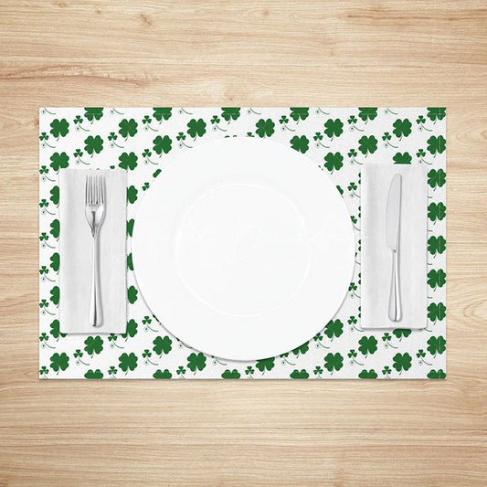 Lofaris Mini Shamrock Pattern Set of 4 Placemats White and Green St. Patricks Day Clover Dining Table Mats