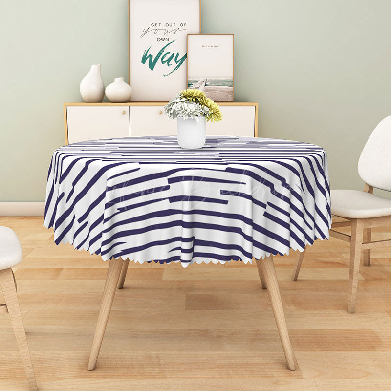 Lofaris Minimalist Blue and White Stripe Round Tablecloth for Modern Farmhouse Coastal Kitchen Decor
