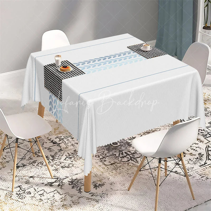 Lofaris Minimalist Blue Leaf Band Rectangle Tablecloth White Scandi Style Pattern Table Cover for Dining