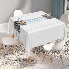 Lofaris Minimalist Blue Leaf Band Rectangle Tablecloth White Scandi Style Pattern Table Cover for Dining