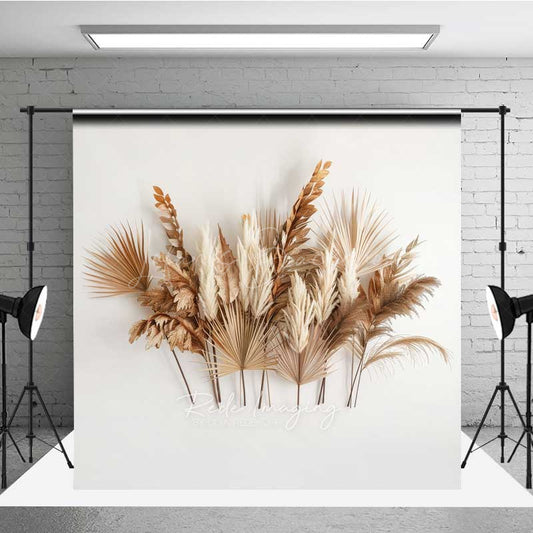 Lofaris Minimalist Boho Photography Backdrop Dried Palm Leaves and Pampas Grass Arrangement Modern Neutral Studio Prop
