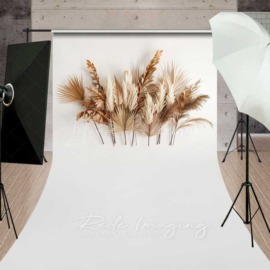 Lofaris Minimalist Boho Sweep Photography Backdrop with Floor Dried Palm Leaves and Pampas Grass Modern Neutral Studio Prop