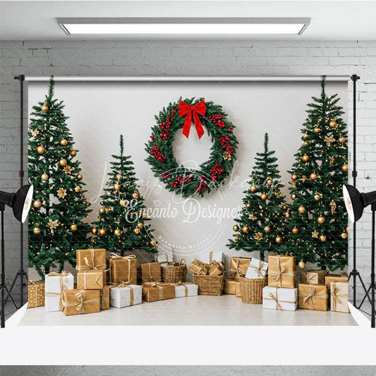 Lofaris Minimalist Christmas Photography Backdrop Clean White Wall with Red Wreath Modern Holiday Photo Background