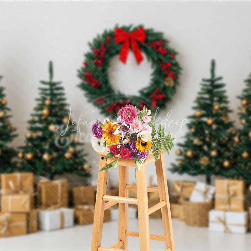 Lofaris Minimalist Christmas Photography Backdrop Clean White Wall with Red Wreath Modern Holiday Photo Background