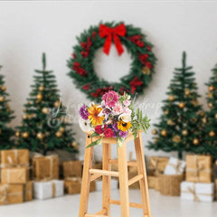 Lofaris Minimalist Christmas Photography Backdrop Clean White Wall with Red Wreath Modern Holiday Photo Background