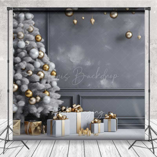 Lofaris Minimalist Christmas Photography Backdrop White Tree with Gold Ornaments Modern Gray Wall Holiday Photo Prop