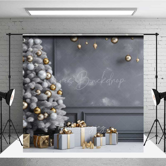 Lofaris Minimalist Christmas Photography Backdrop White Tree with Gold Ornaments Modern Gray Wall Holiday Photo Prop