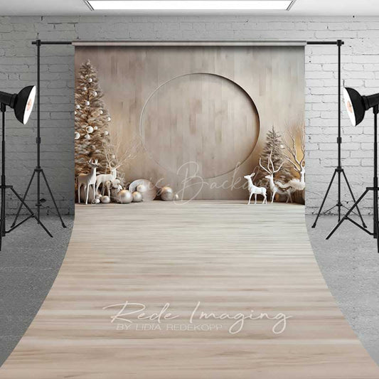 Lofaris Minimalist Christmas Sweep Photography Backdrop with Floor Modern Wood Wall and White Reindeer Neutral Holiday Photo Prop