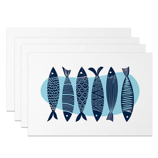 Lofaris Minimalist Fish Pattern Placemats Set of 4 with Blue Water Design for Coastal and Modern Dining