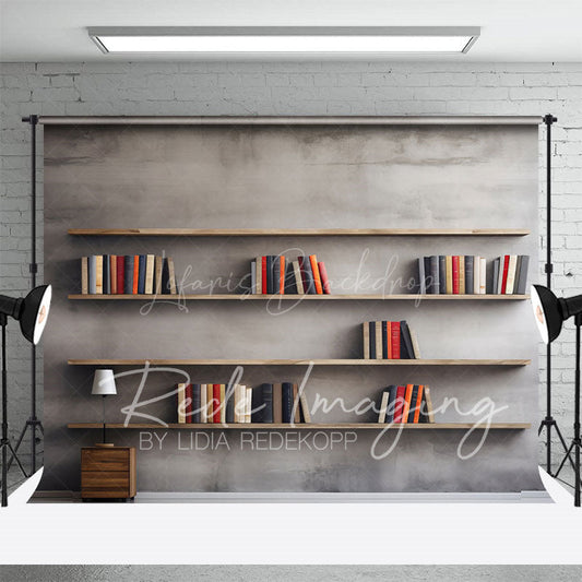 Lofaris Minimalist Grey Wall Dark Room Bookshelf Backdrop