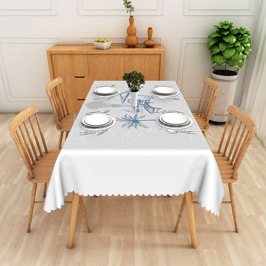 Lofaris Minimalist Light Gray and Blue Palm Leaf Rectangle Tablecloth for Modern Coastal Dining Decor