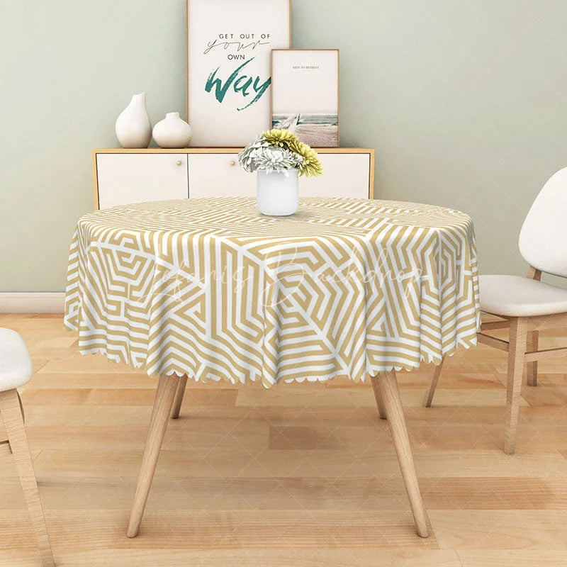 Lofaris Minimalist Linear Round Tablecloth in Yellow and White for Modern Scandinavian Style Kitchen Decor
