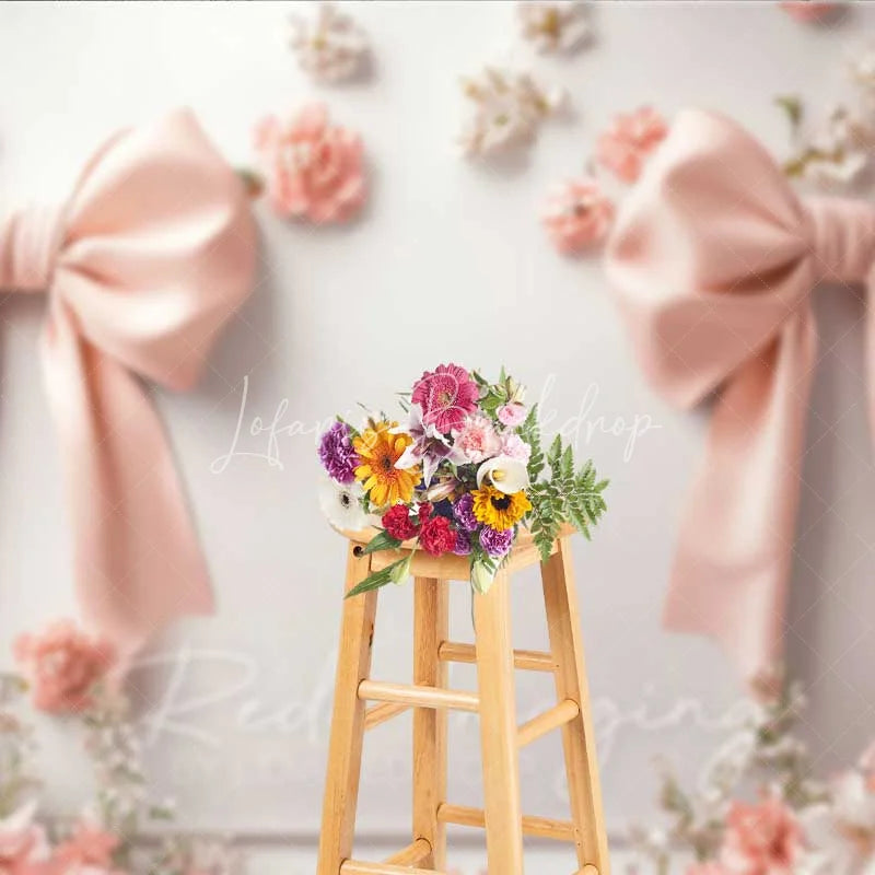 Lofaris Minimalist Pink Bow Floral Photography Backdrop White Wall Wedding Decoration Background