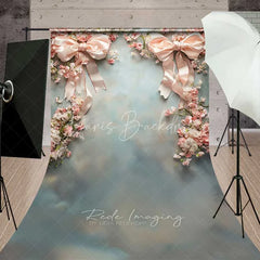 Lofaris Minimalist Pink Bow Floral Sweep Photography Backdrop White Wall Wedding Decoration Grey Floor Photo Prop