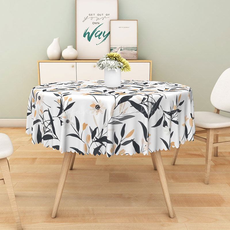 Lofaris Minimalist White Round Tablecloth with Leaf and Floral Line Art for Modern Botanical Dining Decor