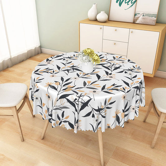 Lofaris Minimalist White Round Tablecloth with Leaf and Floral Line Art for Modern Botanical Dining Decor