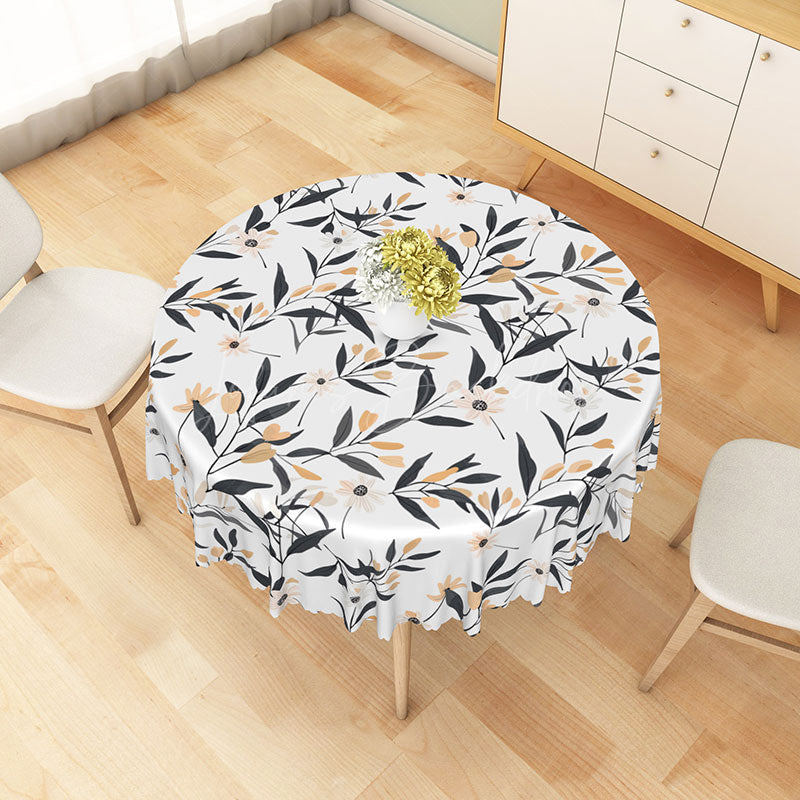 Lofaris Minimalist White Round Tablecloth with Leaf and Floral Line Art for Modern Botanical Dining Decor