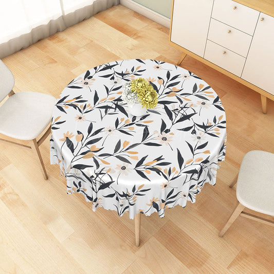 Lofaris Minimalist White Round Tablecloth with Leaf and Floral Line Art for Modern Botanical Dining Decor
