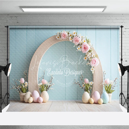 Lofaris Minimalist Wood Arch Easter Photography Backdrop Pink Roses and Pastel Eggs Blue Wall Studio Background