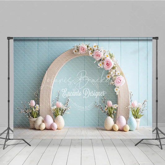 Lofaris Minimalist Wood Arch Easter Photography Backdrop Pink Roses and Pastel Eggs Blue Wall Studio Background