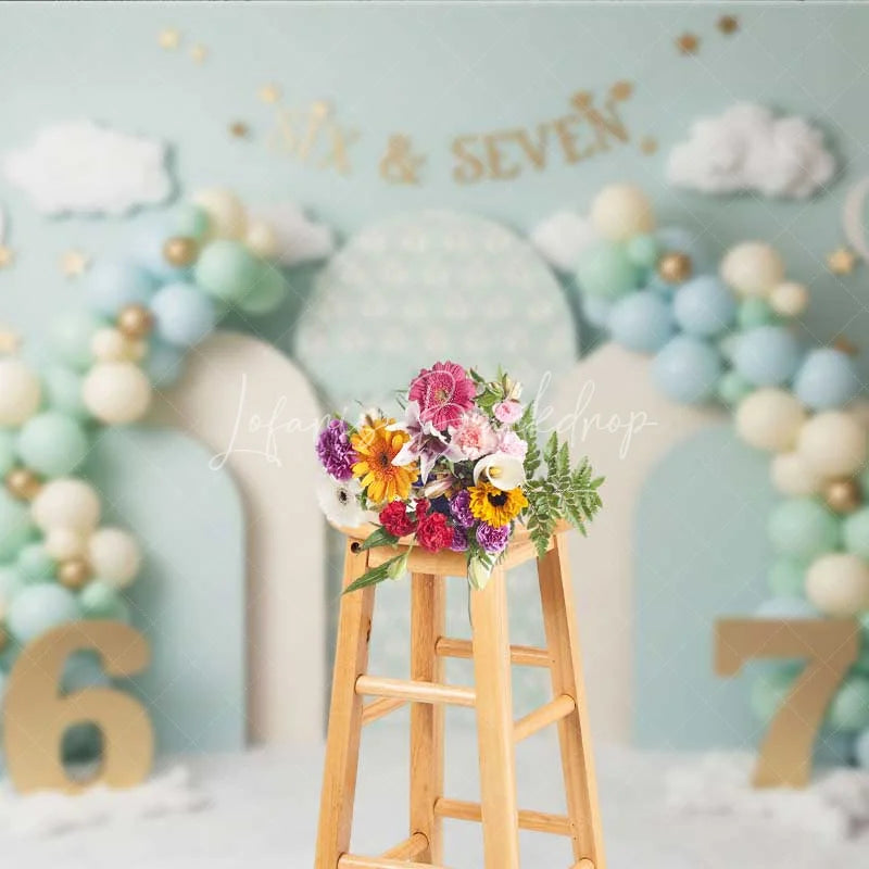 Lofaris Mint Green Six and Seven Photography Backdrop Hot Air Balloon Birthday Banner