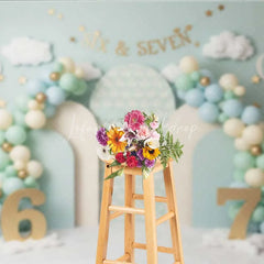 Lofaris Mint Green Six and Seven Photography Backdrop Hot Air Balloon Birthday Banner