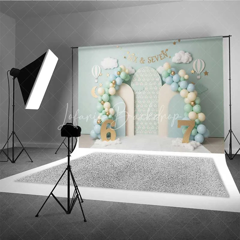 Lofaris Mint Green Six and Seven Photography Backdrop Hot Air Balloon Birthday Banner