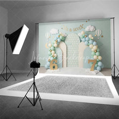 Lofaris Mint Green Six and Seven Photography Backdrop Hot Air Balloon Birthday Banner
