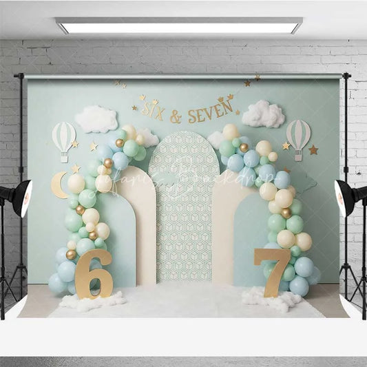 Lofaris Mint Green Six and Seven Photography Backdrop Hot Air Balloon Birthday Banner