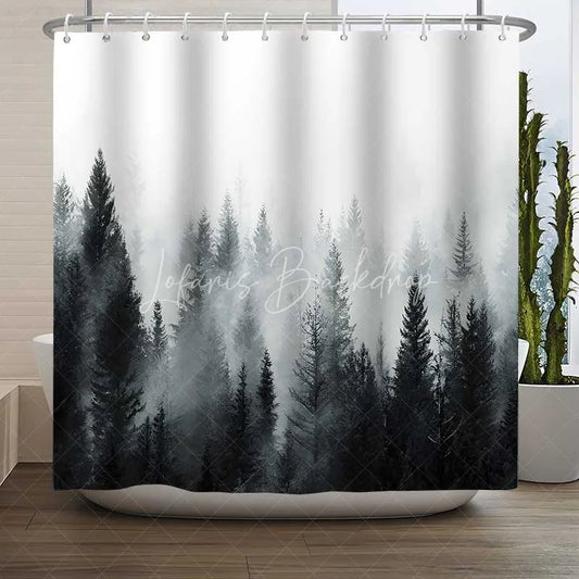 Lofaris Misty Pine Forest Shower Curtain Foggy Nature Tree Landscape Bathroom Decoration Modern Farmhouse Grey Woodland Bath Set