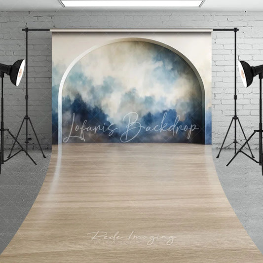 Lofaris Modern Abstract Blue and Beige Painterly Arch Sweep Backdrop Elegant Wooden Floor Studio Photography