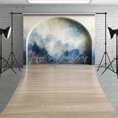 Lofaris Modern Abstract Blue and Beige Painterly Arch Sweep Backdrop Elegant Wooden Floor Studio Photography