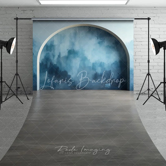 Lofaris Modern Abstract Blue Textured Arch Sweep Backdrop with Wood Floor for Portrait Photography